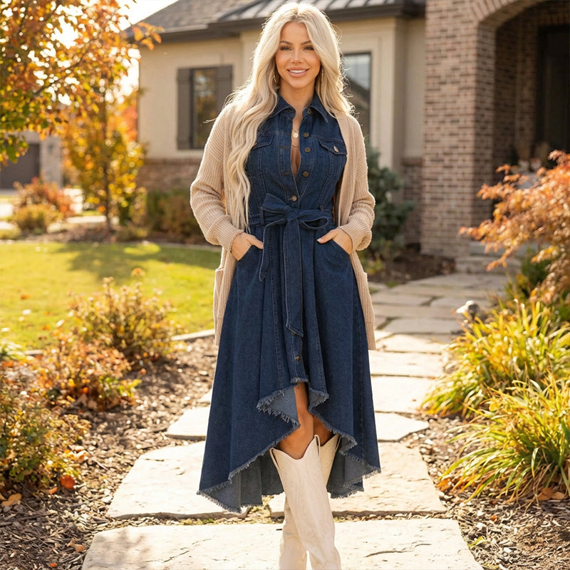 💎 -50% SUR LA ROBE EN JEAN ! 💎 Ourlet Asymétrique, Coton Doux & Ceinture Ajustable pour un Look Décontracté Chic 🌸