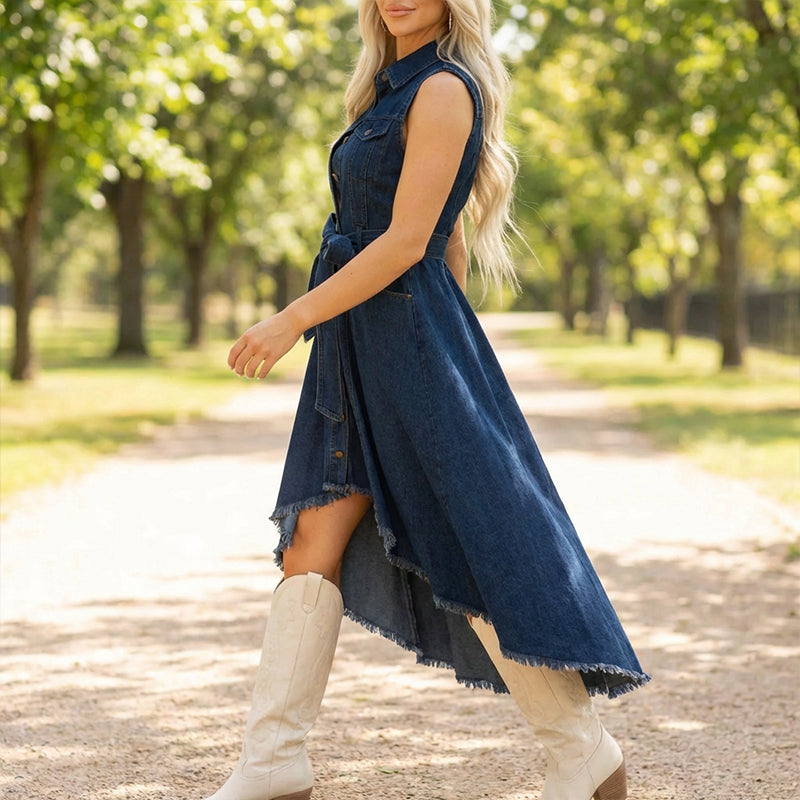 💎 -50% SUR LA ROBE EN JEAN ! 💎 Ourlet Asymétrique, Coton Doux & Ceinture Ajustable pour un Look Décontracté Chic 🌸