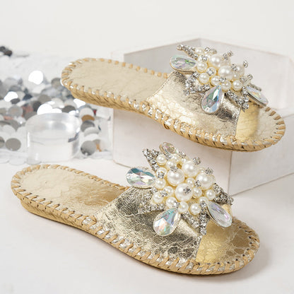 Sandales à enfiler femme ornées de perles et strass
