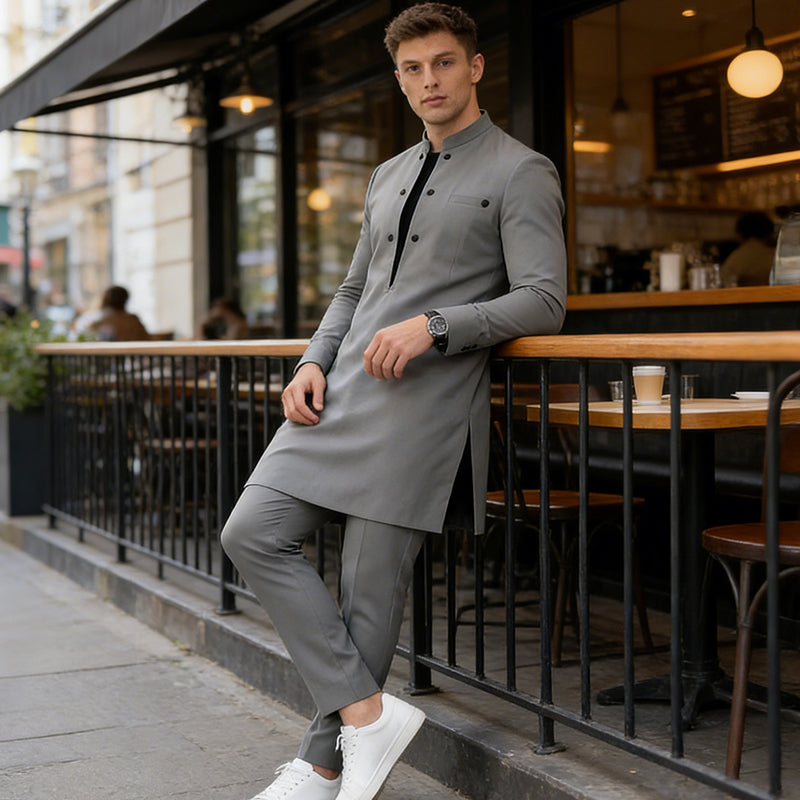 👔 60% DE RÉDUCTION ! 🔥 Ensemble tunique pour homme - col montant, double boutonnage et respirant (S-5XL) pour une apparence élégante 🎩