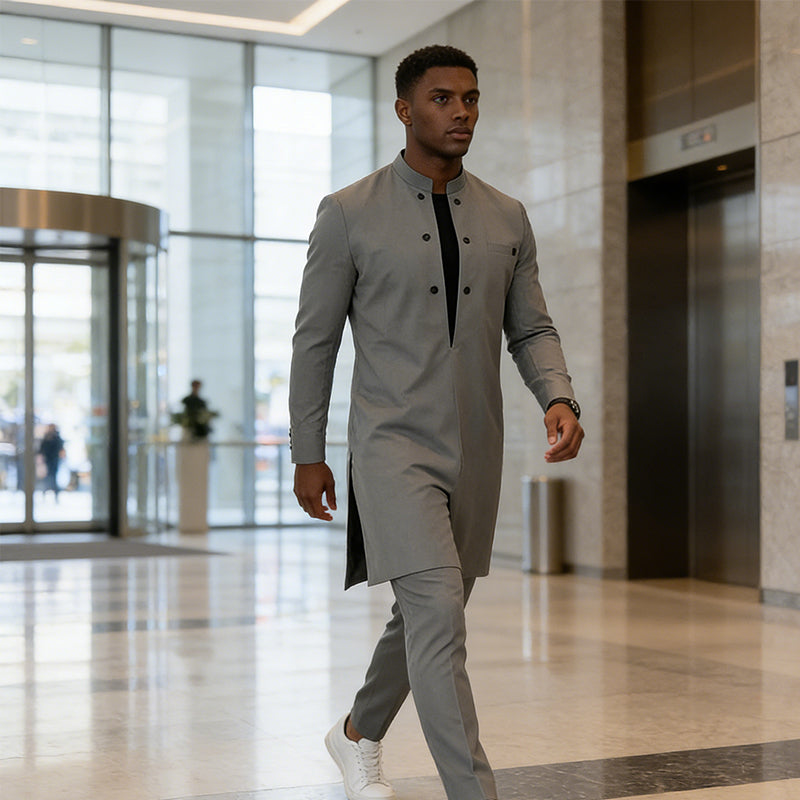 👔 60% DE RÉDUCTION ! 🔥 Ensemble tunique pour homme - col montant, double boutonnage et respirant (S-5XL) pour une apparence élégante 🎩