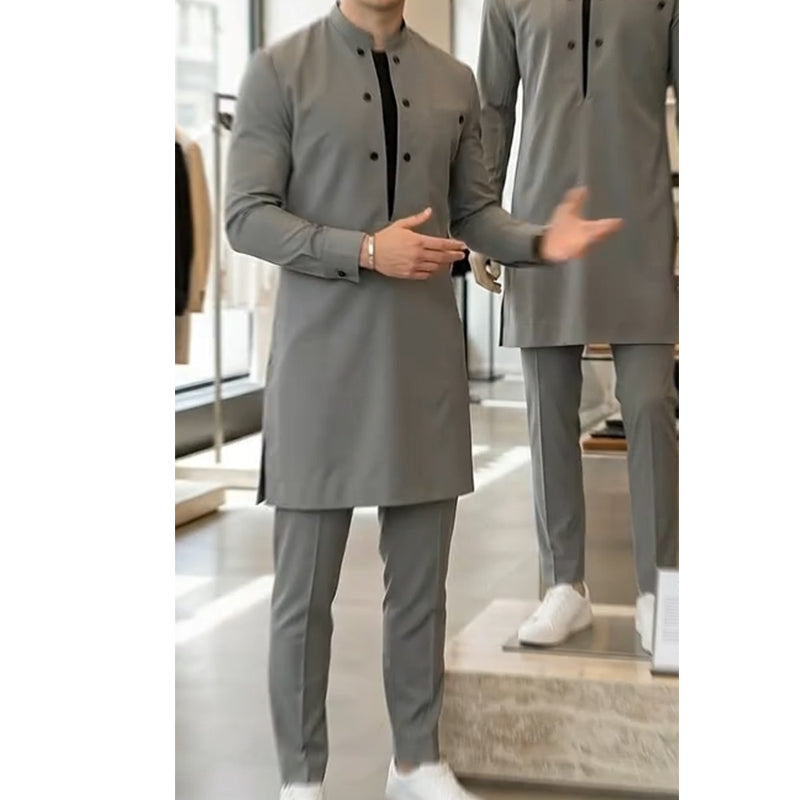 👔 60% DE RÉDUCTION ! 🔥 Ensemble tunique pour homme - col montant, double boutonnage et respirant (S-5XL) pour une apparence élégante 🎩