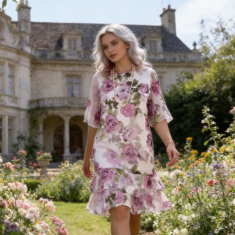 ✨🔥Robe à volants étagés à manches courtes et imprimé floral pour femme🌸