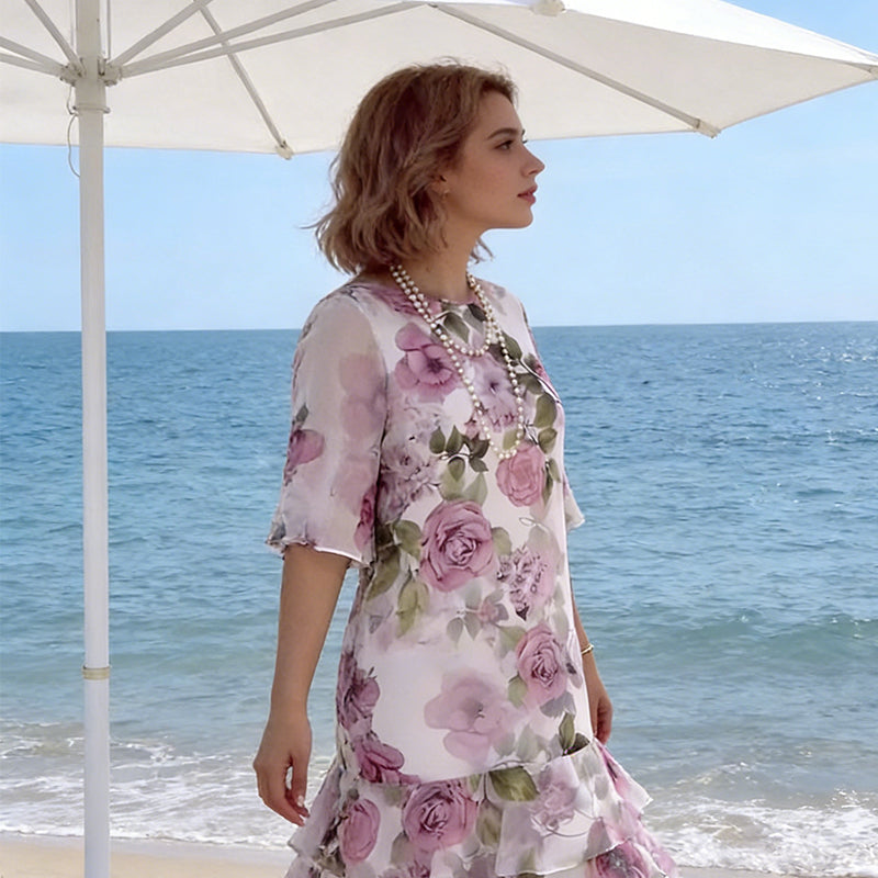 ✨🔥Robe à volants étagés à manches courtes et imprimé floral pour femme🌸
