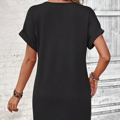 Robes pour femmes à col en V, manches roulées et boutons, unies