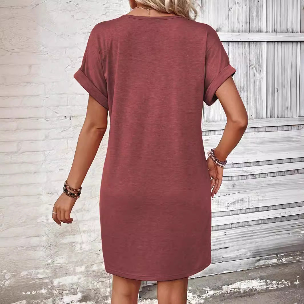 Robes pour femmes à col en V, manches roulées et boutons, unies