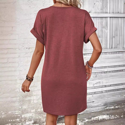 Robes pour femmes à col en V, manches roulées et boutons, unies