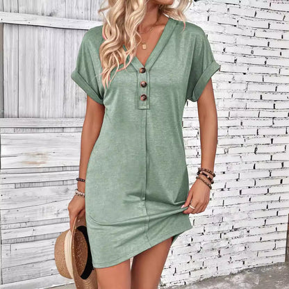 Robes pour femmes à col en V, manches roulées et boutons, unies