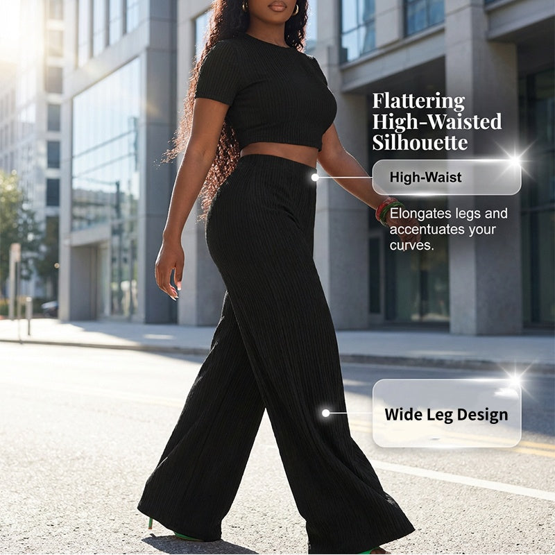 Ensemble 2 pièces femme : haut court et pantalon à jambes larges