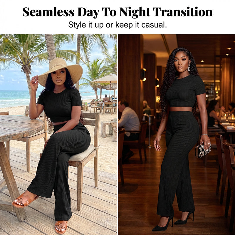 Ensemble 2 pièces femme : haut court et pantalon à jambes larges