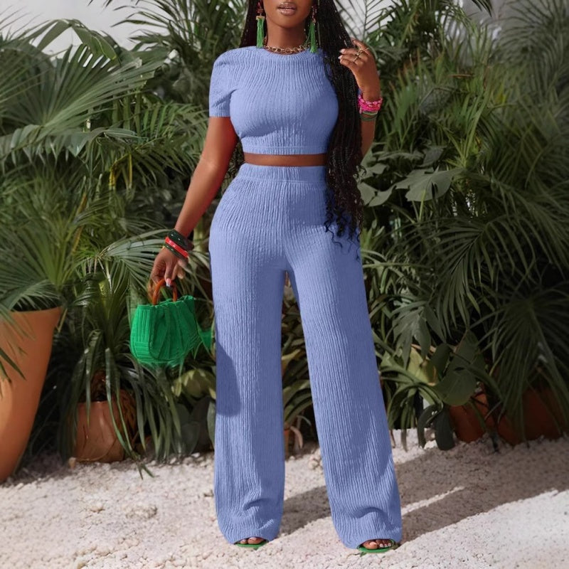 Ensemble 2 pièces femme : haut court et pantalon à jambes larges