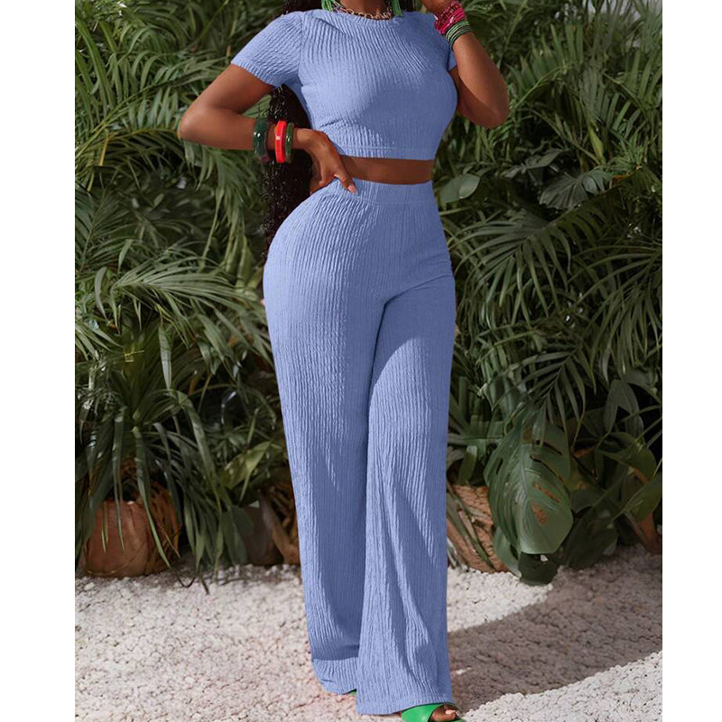 Ensemble 2 pièces femme : haut court et pantalon à jambes larges