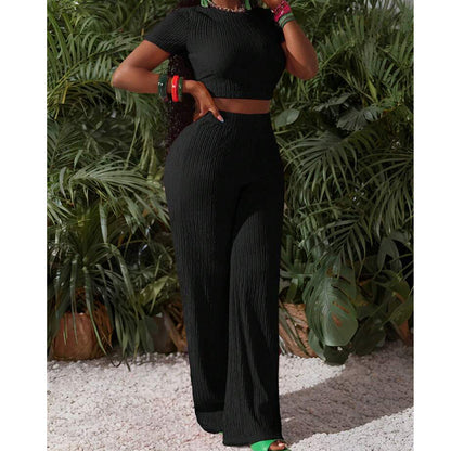 Ensemble 2 pièces femme : haut court et pantalon à jambes larges