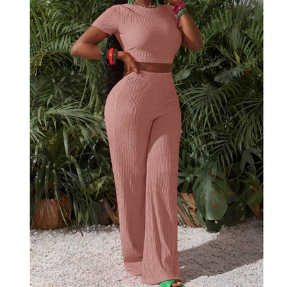Ensemble 2 pièces femme : haut court et pantalon à jambes larges