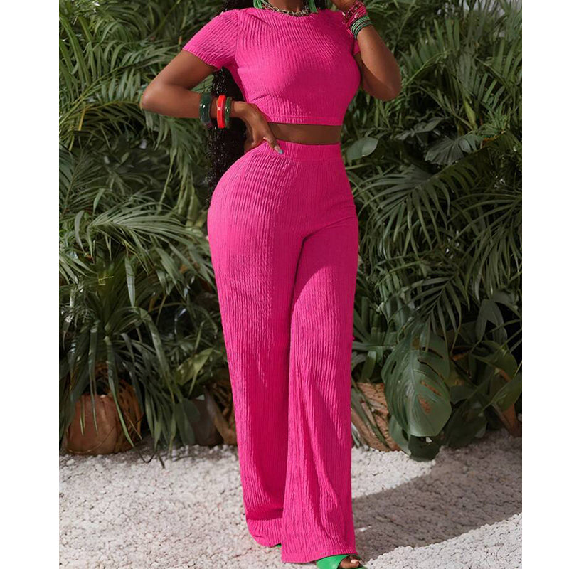 Ensemble 2 pièces femme : haut court et pantalon à jambes larges