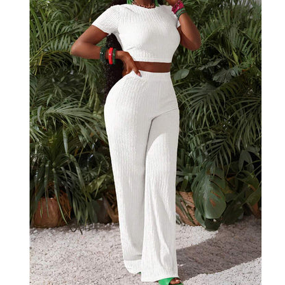 Ensemble 2 pièces femme : haut court et pantalon à jambes larges