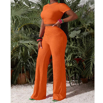 Ensemble 2 pièces femme : haut court et pantalon à jambes larges
