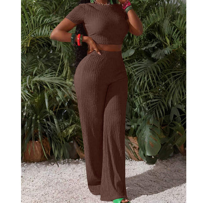 Ensemble 2 pièces femme : haut court et pantalon à jambes larges