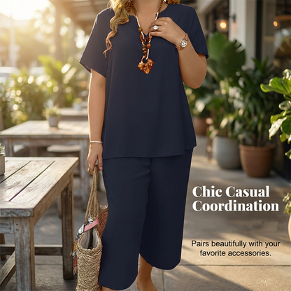 Ensemble Femme Haut Manches Courtes & Pantalon Large – Look Tendance, Tissu Léger & Parfait Pour Le Printemps 💃