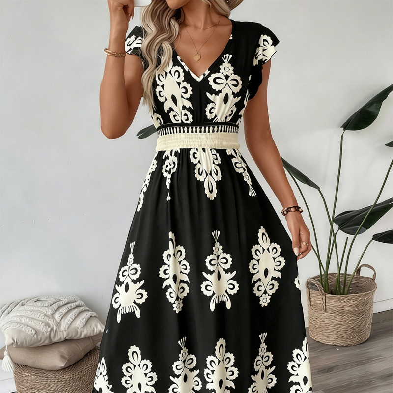 🎑50 % de réduction ✨Robe longue fluide à col en V et imprimé baroque pour femme