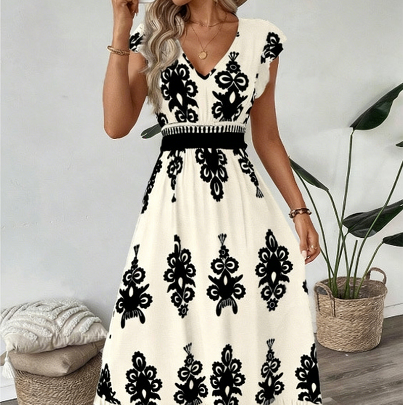 🎑50 % de réduction ✨Robe longue fluide à col en V et imprimé baroque pour femme