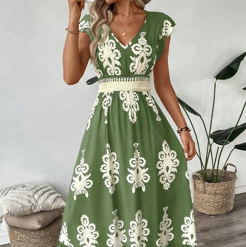 🎑50 % de réduction ✨Robe longue fluide à col en V et imprimé baroque pour femme