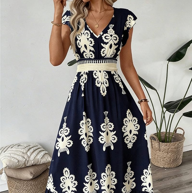 🎑50 % de réduction ✨Robe longue fluide à col en V et imprimé baroque pour femme