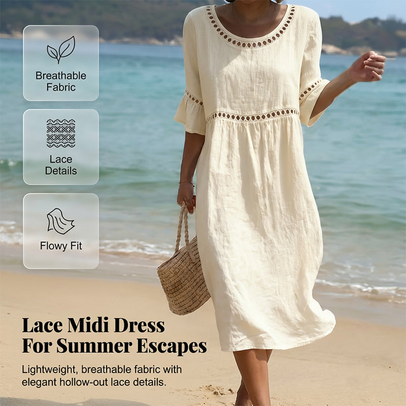 Robe midi en coton et lin avec finition en dentelle