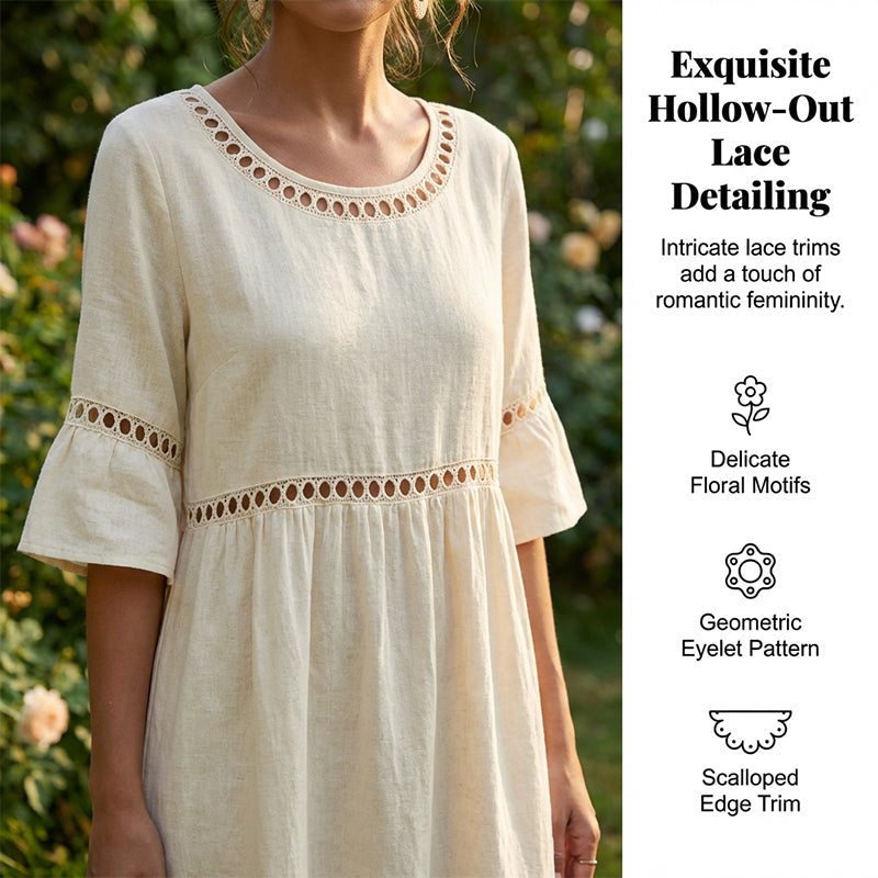 Robe midi en coton et lin avec finition en dentelle