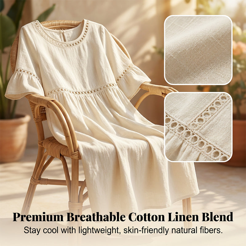 Robe midi en coton et lin avec finition en dentelle