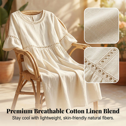 Robe midi en coton et lin avec finition en dentelle