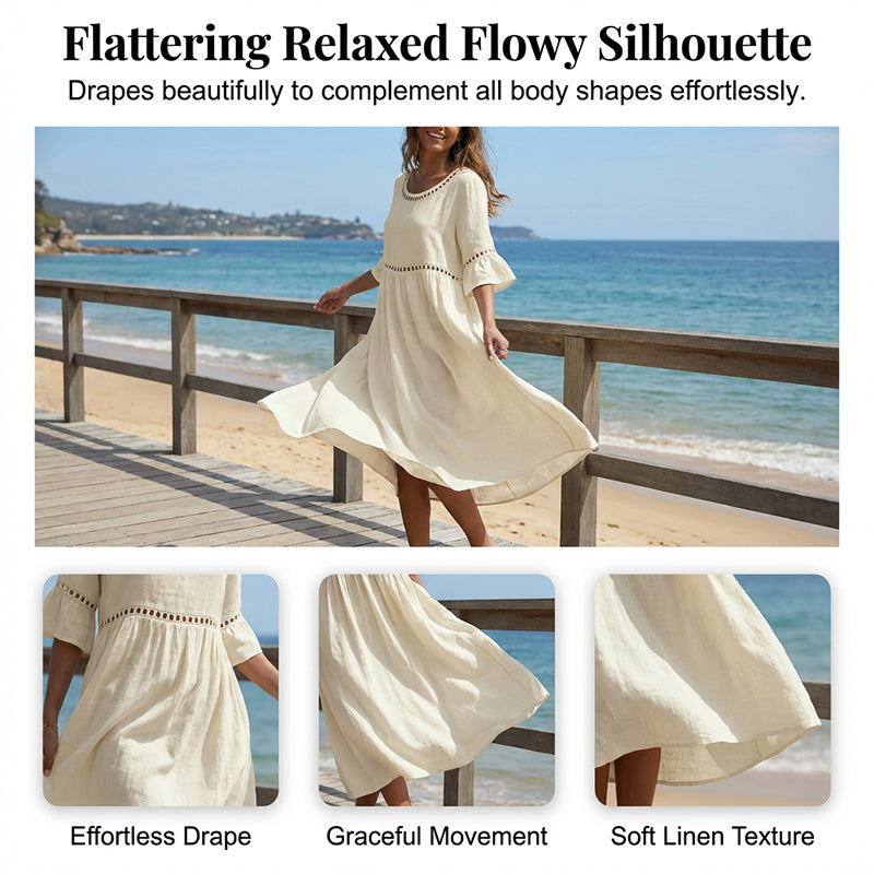 Robe midi en coton et lin avec finition en dentelle
