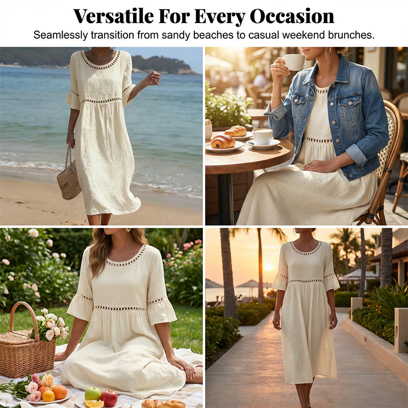 Robe midi en coton et lin avec finition en dentelle