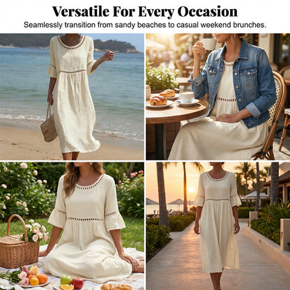 Robe midi en coton et lin avec finition en dentelle