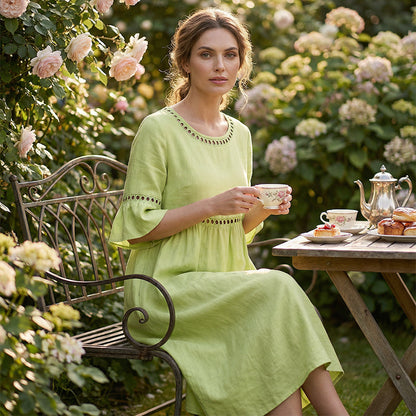 Robe midi en coton et lin avec finition en dentelle