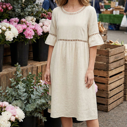 Robe midi en coton et lin avec finition en dentelle
