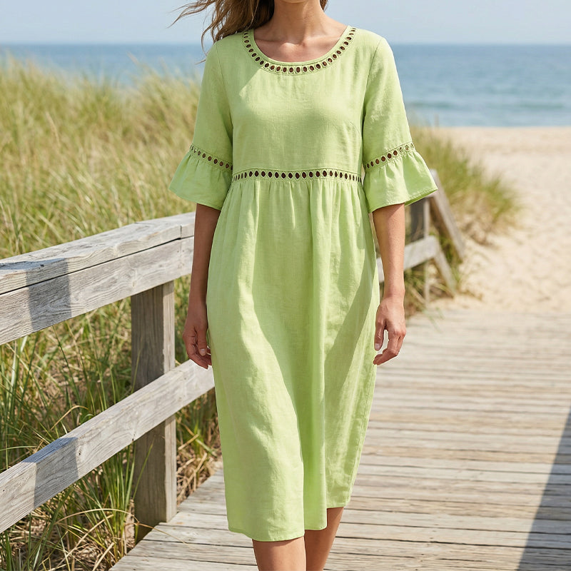 Robe midi en coton et lin avec finition en dentelle