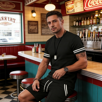 ✨ 50 % de réduction🔥 Ensemble 2 pièces pour homme : t-shirt rayé et short