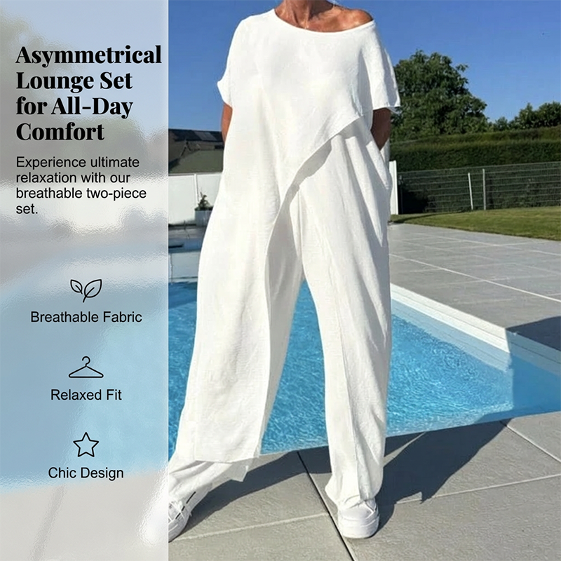 Ensemble femme composé d'un haut asymétrique à épaules dénudées et d'un pantalon