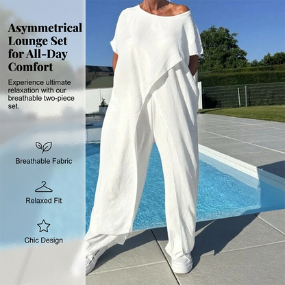 Ensemble femme composé d'un haut asymétrique à épaules dénudées et d'un pantalon