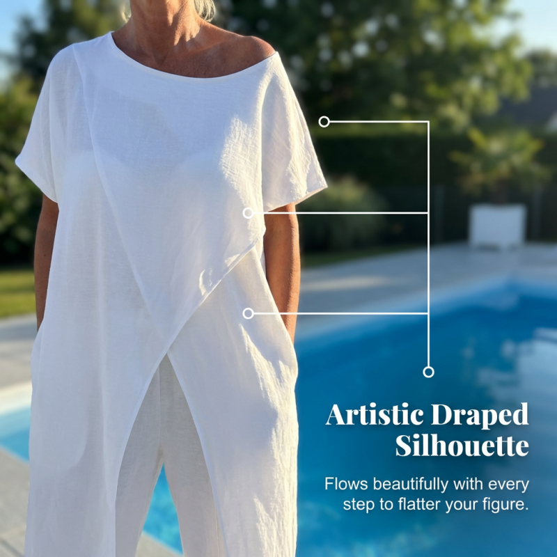 Ensemble femme composé d'un haut asymétrique à épaules dénudées et d'un pantalon