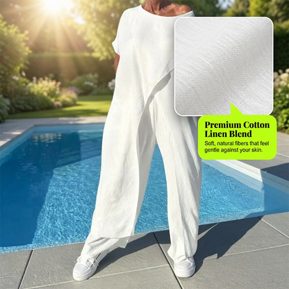 Ensemble femme composé d'un haut asymétrique à épaules dénudées et d'un pantalon