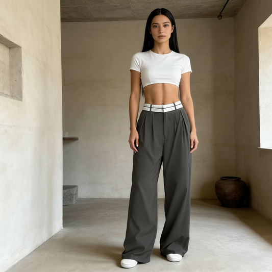 Pantalon de costume pour femme à jambes larges avec ceinture contrastée