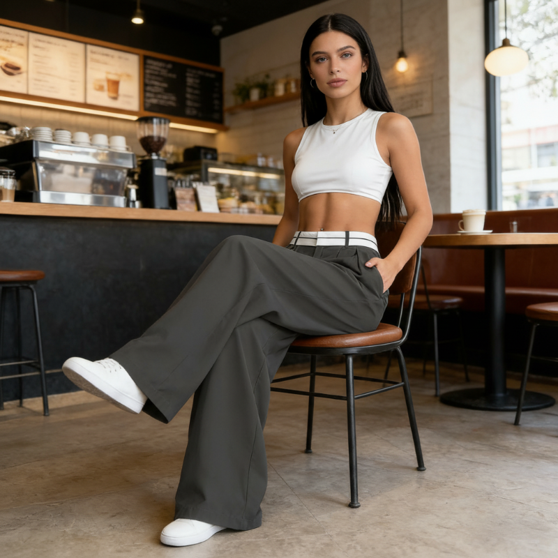 Pantalon de costume pour femme à jambes larges avec ceinture contrastée