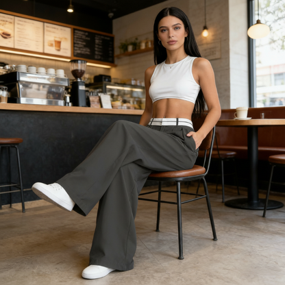 Pantalon de costume pour femme à jambes larges avec ceinture contrastée