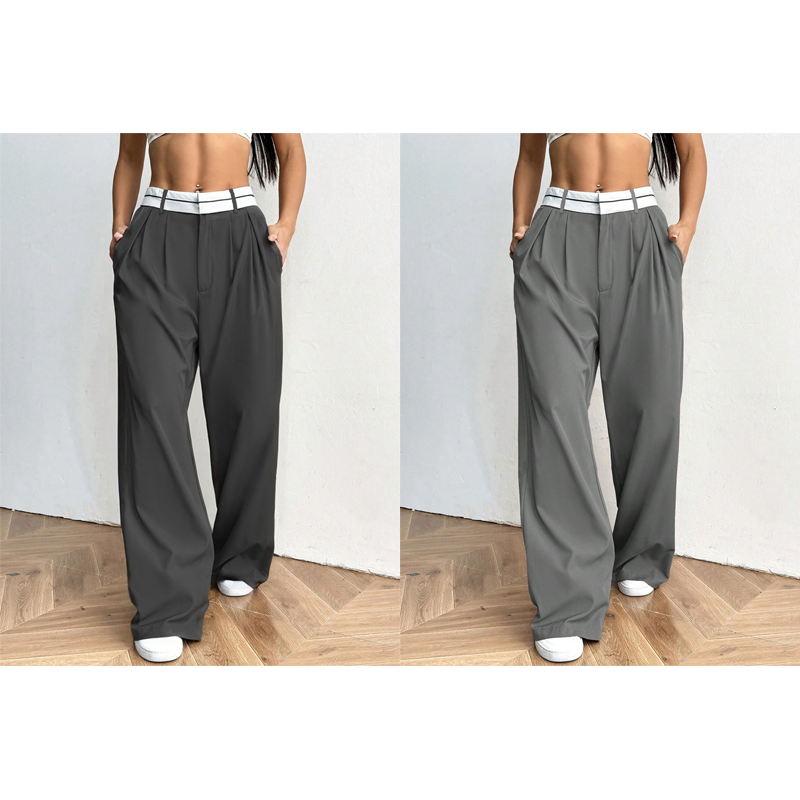 Pantalon de costume pour femme à jambes larges avec ceinture contrastée
