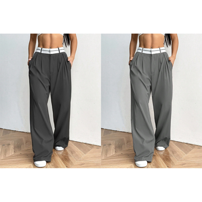 Pantalon de costume pour femme à jambes larges avec ceinture contrastée