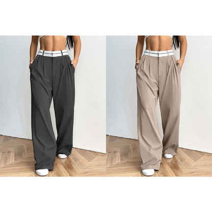 Pantalon de costume pour femme à jambes larges avec ceinture contrastée