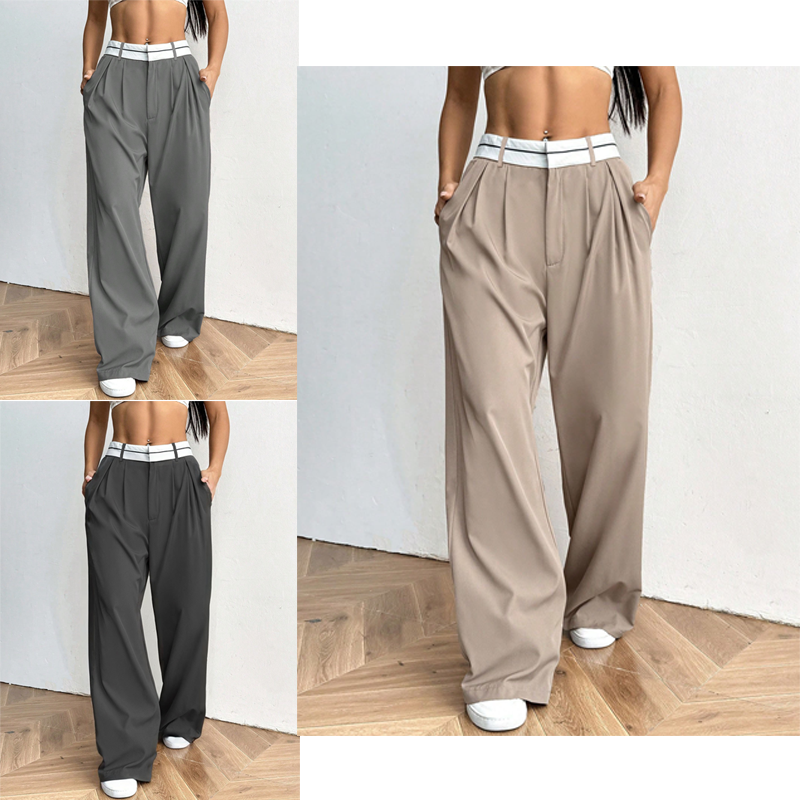 Pantalon de costume pour femme à jambes larges avec ceinture contrastée