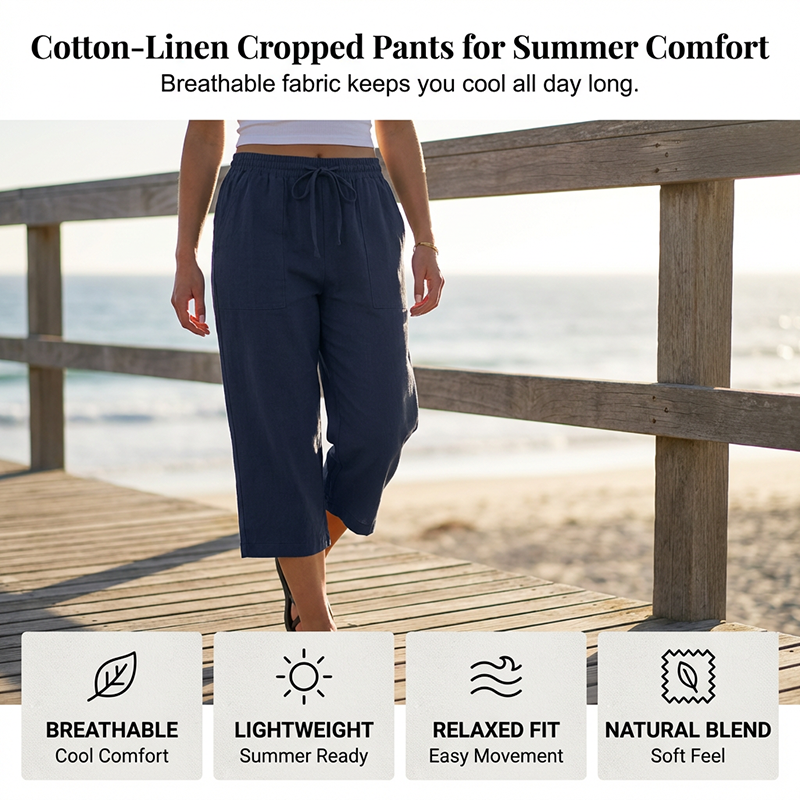 Pantalon 7/8 en mélange coton et lin pour femme